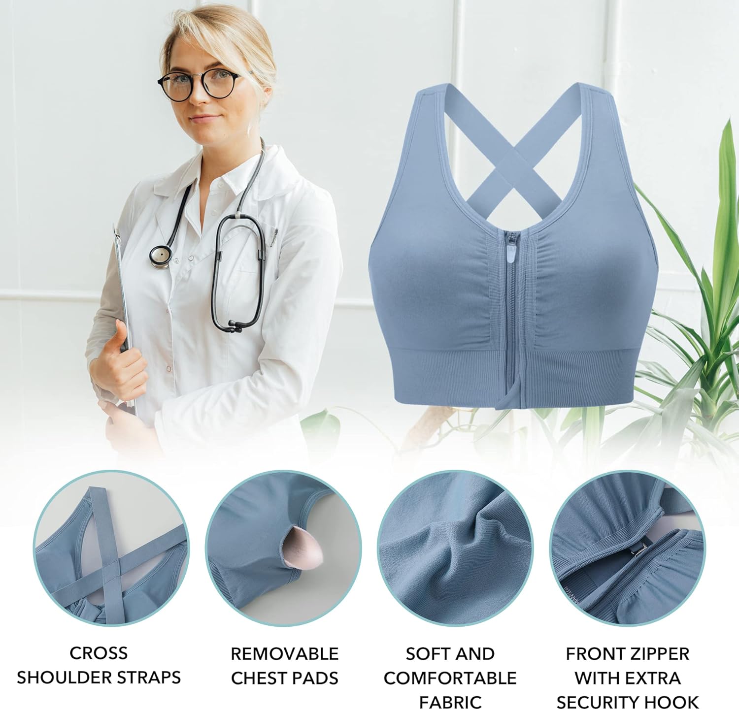 Miniatura 2 de Evercute Zip Front Post-Surgery Bra Women's Wireless Sports Bras Padded Strappy Medium Support Yoga Exercise Athletic Bras