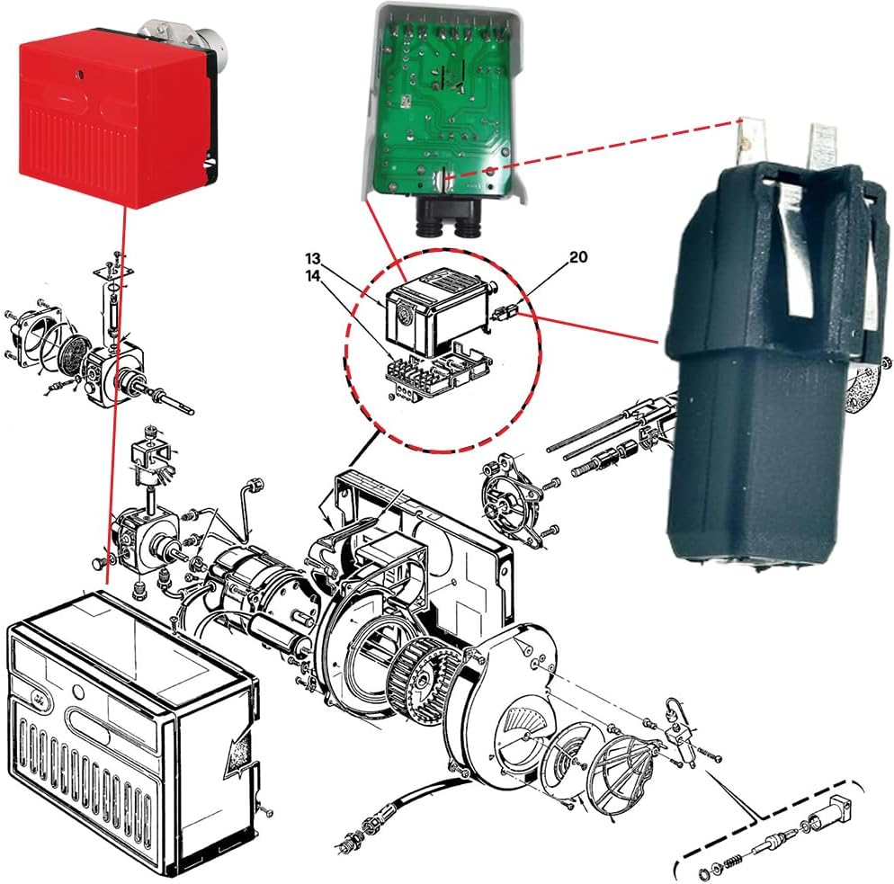 Exploded view of an oil burner showing sensor placement