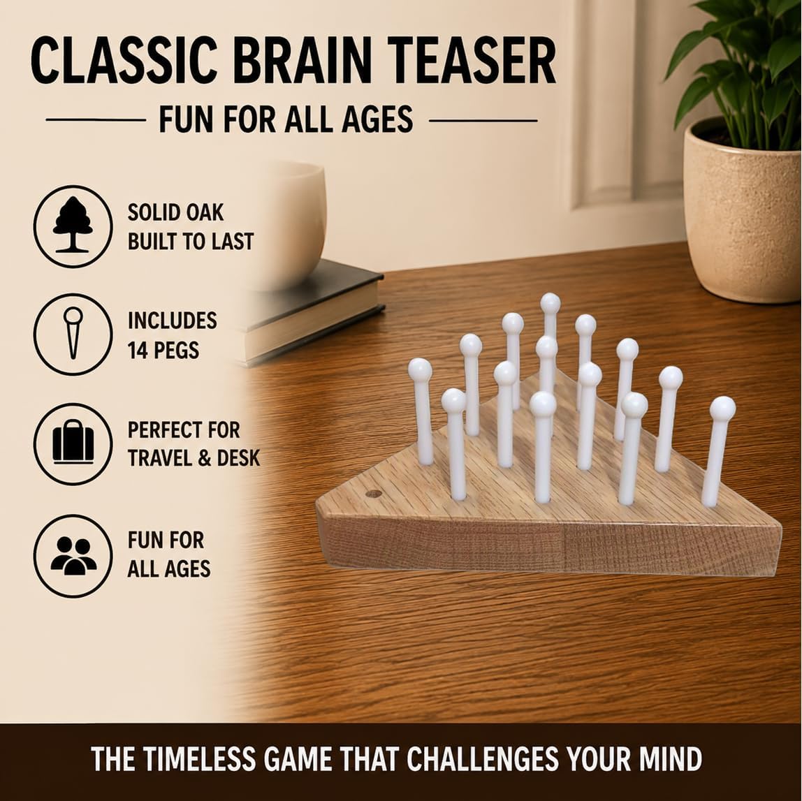 Wooden Peg Game – Solid Oak Triangle Brain Teaser Puzzle with 14 Pegs | Classic Travel Game image 2