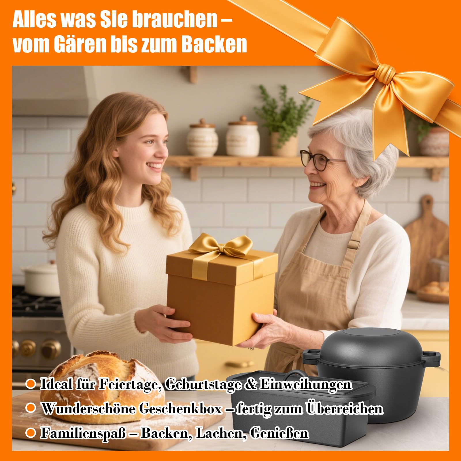 GFTIME Gusseisen Topf 26cm Brot Backen inkl. Brotbackform mit Deckel inkl. Gärkorb - Robuste Brotbackform mit Deckel - Idealer Brottopf, Brotbacktopf, Gusseisentopf Brotform, Toastbrot Backform