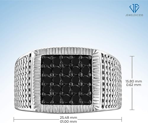 Miniatura 6 de JEWELEXCESS Anillos de diamante negro para hombre 1CTTW Anillo de diamante negro genuino para hombre Anillo de plata de ley hipoalergénico Anillo
