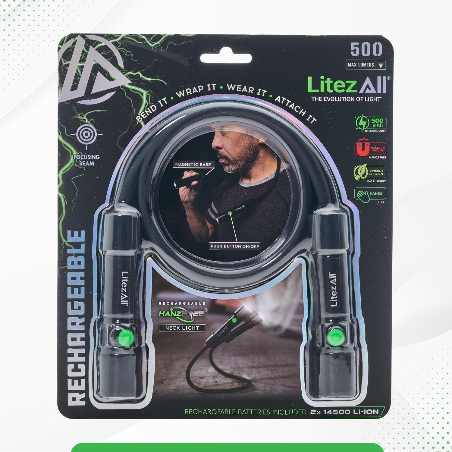 LitezAll 500 Lumen Rechargeable Neck Light – Bendable Neck