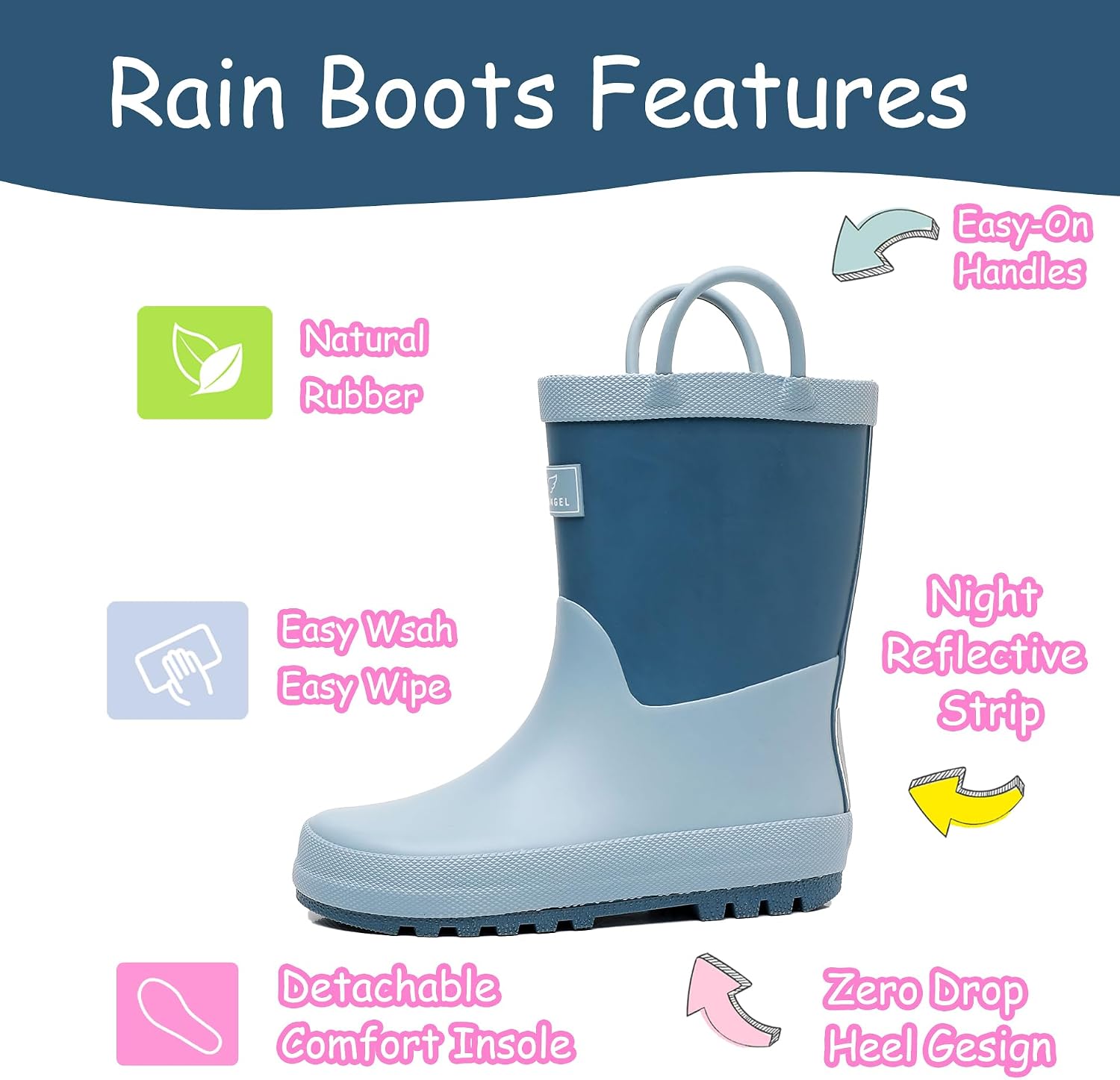 RAINANGEL Toddler Rain Boots with Easy-On Handles, Waterproof Kids Rain Boots for Girls & Boys, Fun Printed & Colors Unisex-Child Outdoor Boots