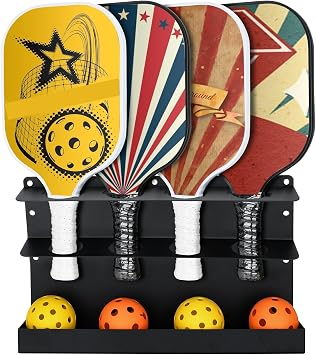 TOPOWN Pickleball Paddle & Ball Rack - Heavy-Duty Steel, Holds 4 Paddles & 4 Balls, Fence & Wall Mount