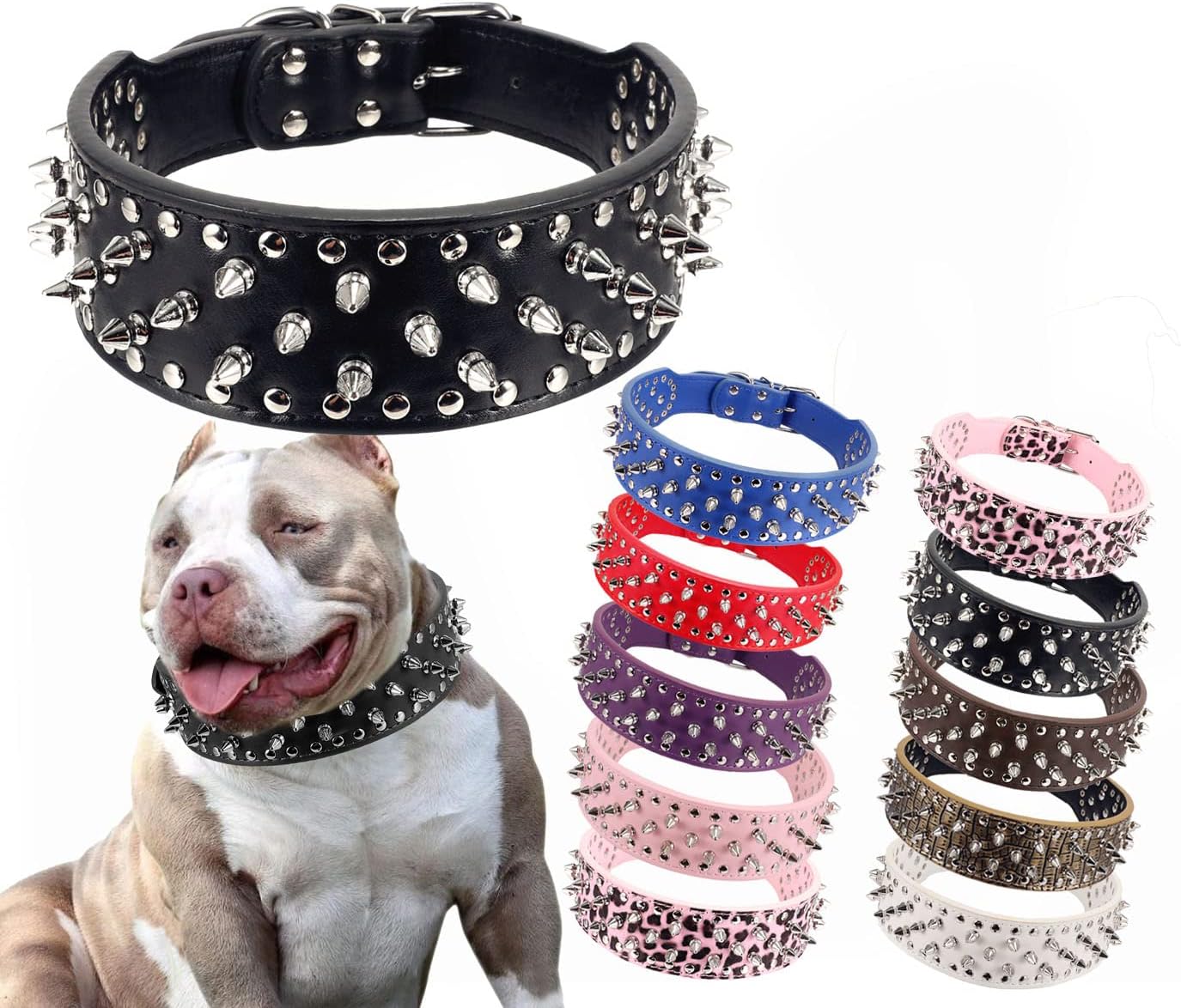 Hoot PU Leather Adjustable Spiked Studded Dog Collar 2" Wide 25 Spikes (XS(Neck 15"-18"), Black)