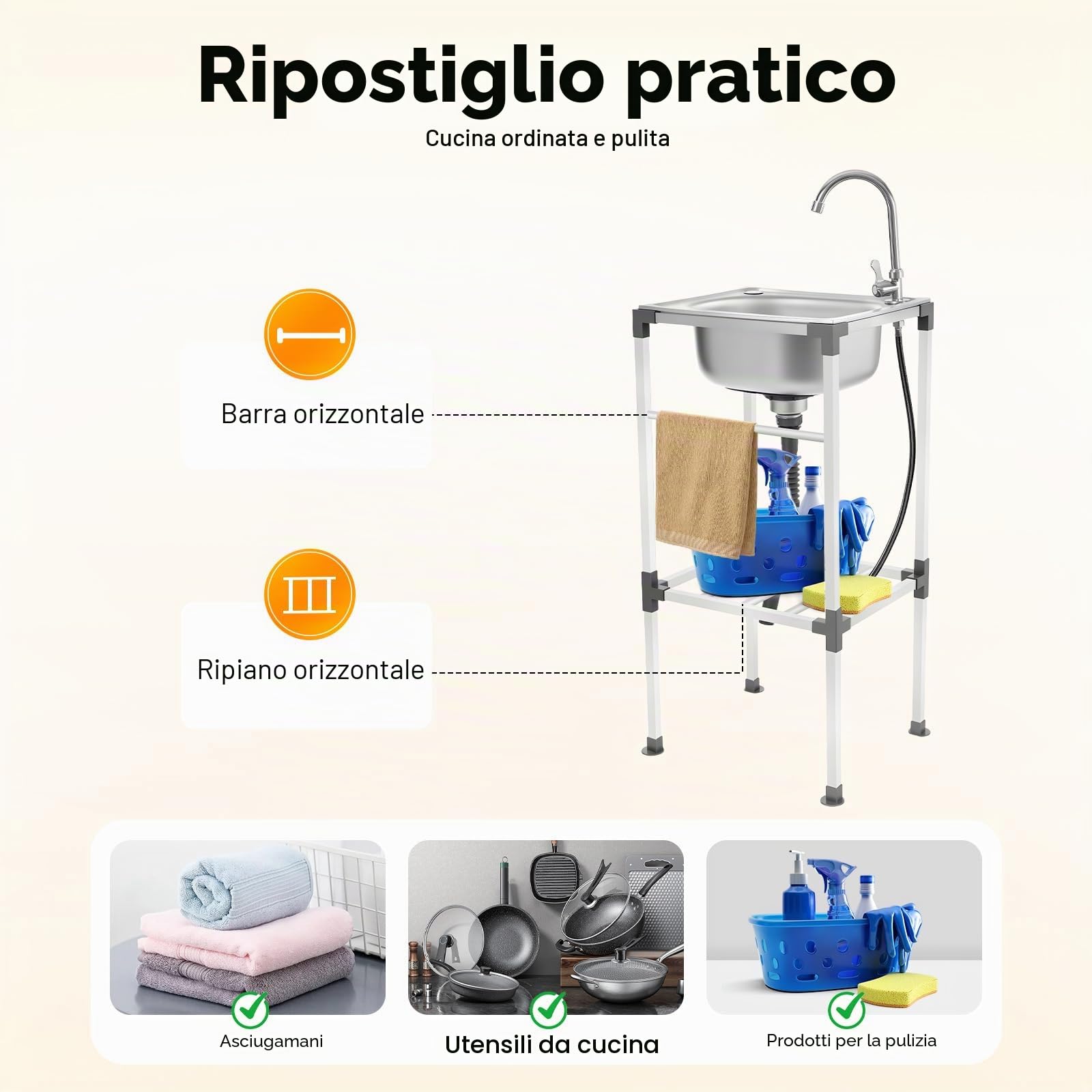 Lavabo Indipendente in Acciaio Inox, Lavello Per Cucina con Rubinetto Dell'acqua Fredda e Cestello Filtro, Lavello Da Esterno con Scarico, Massima 60 kg (38 x 33 x 83 cm)