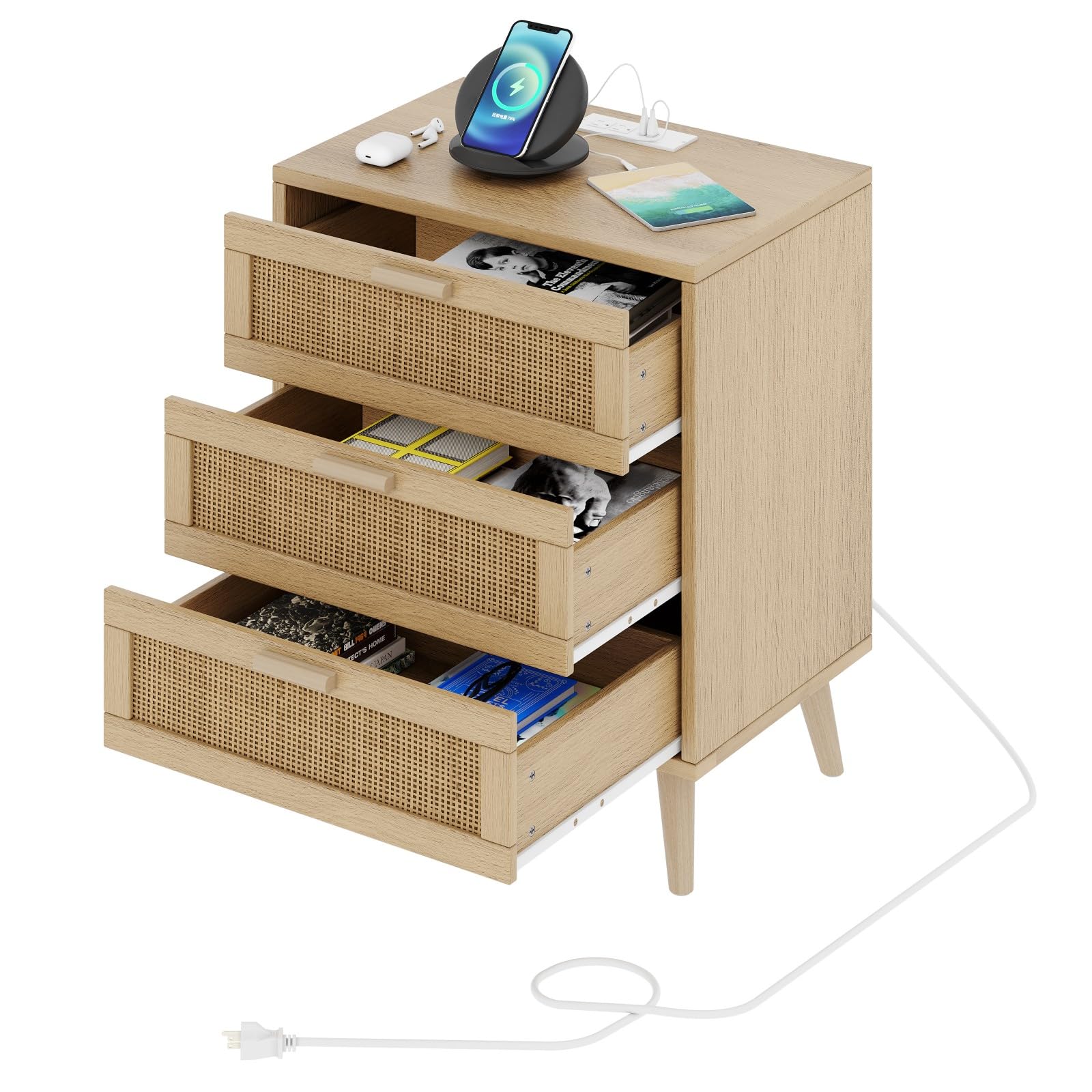 Irontar Rattan Nightstand with Charging Station, Night Stand with Rattan Decorated Drawers, Farmhouse End Table, Bedside Table with 2 USB Ports and 2 AC Outlets for Bedroom, Natural BZZ006ME