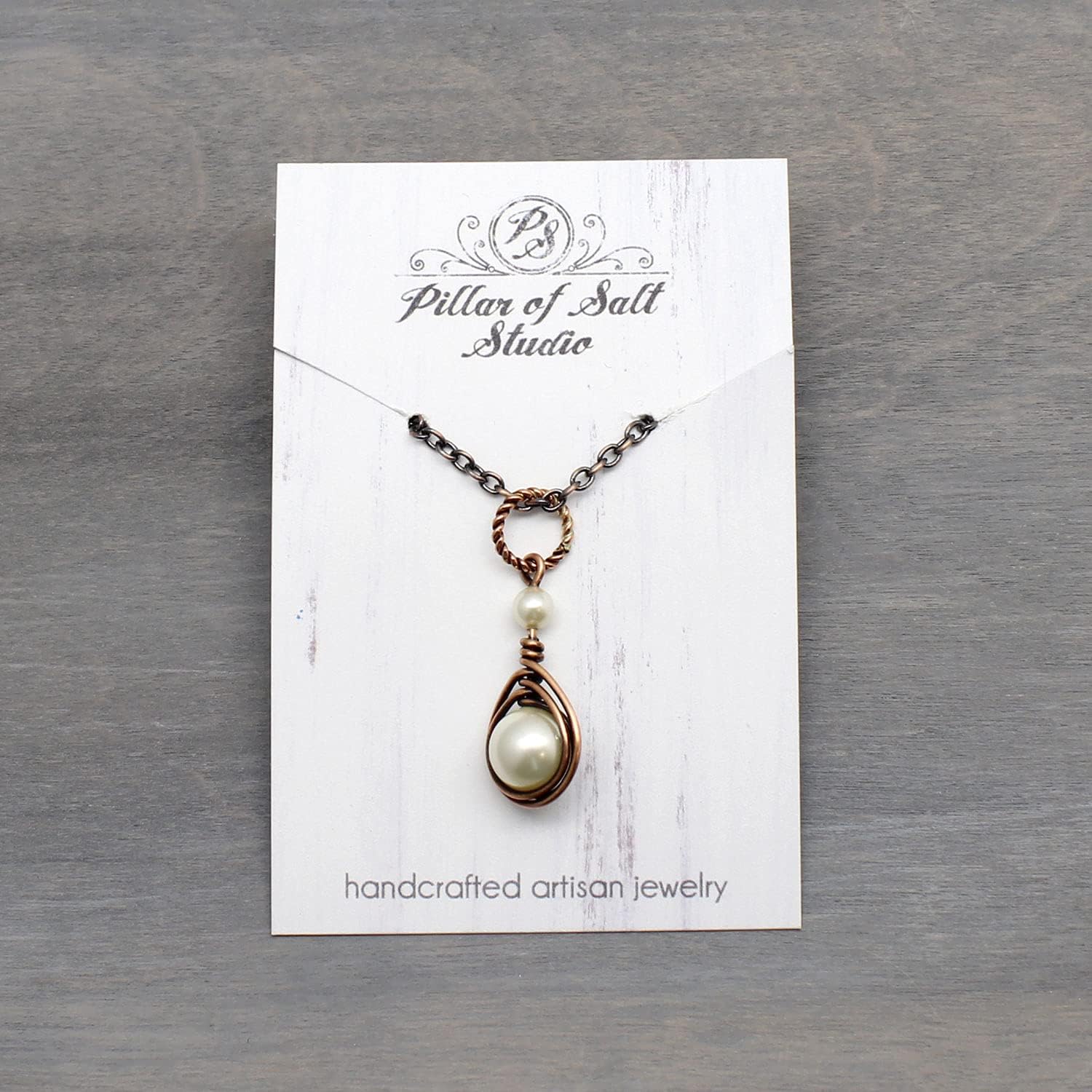 Pillar of Salt Studio Handcrafted Simulated Pearl Small 1" Pendant Copper Wire Wrapped Necklace (Cream, 18" Chain)