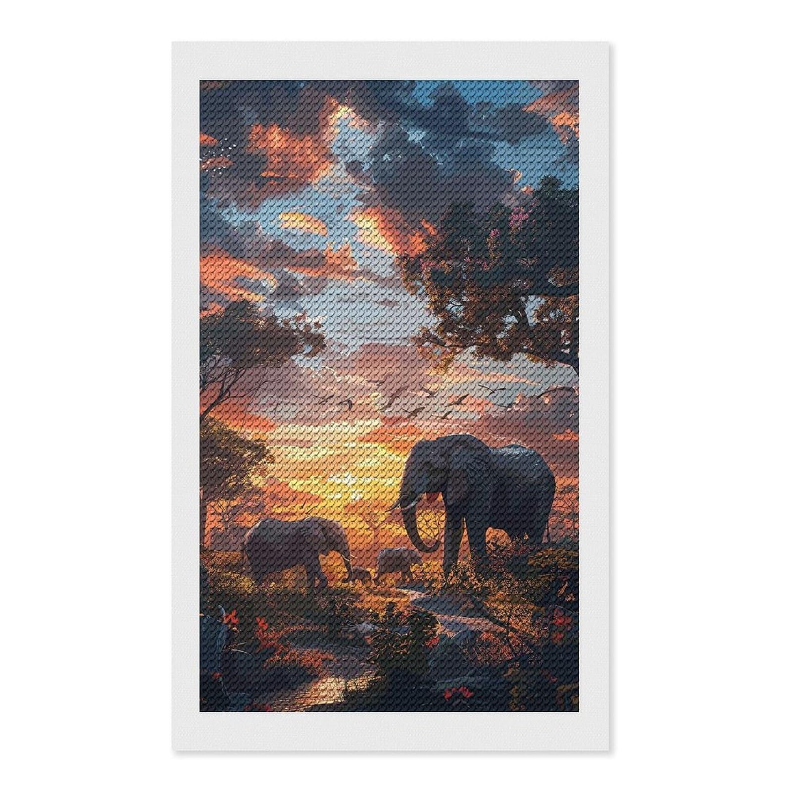 Junmoney Elephants Nature SynthWave Diamond Painting Set 12"x20", Holiday Gift Idea, for Creative Relaxation, Fun Craft Experience, Vintage Style Decor