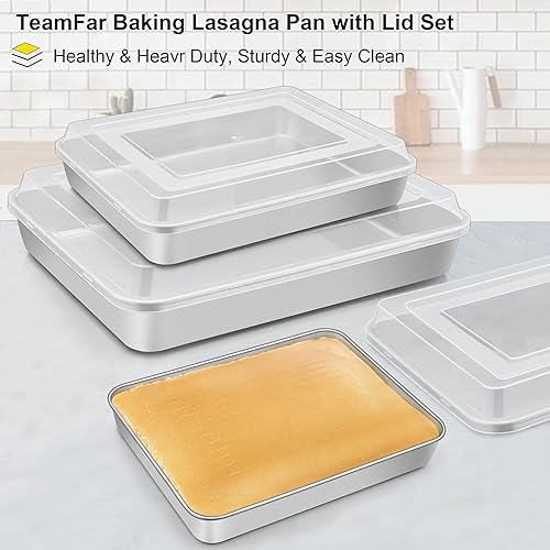 Miniatura 7 de TeamFar Molde para lasaña (3 sartenes y 3 tapas), 12 & 10 pulgadas y 9 pulgadas de diámetro, molde rectangular de acero inoxidable para hornear