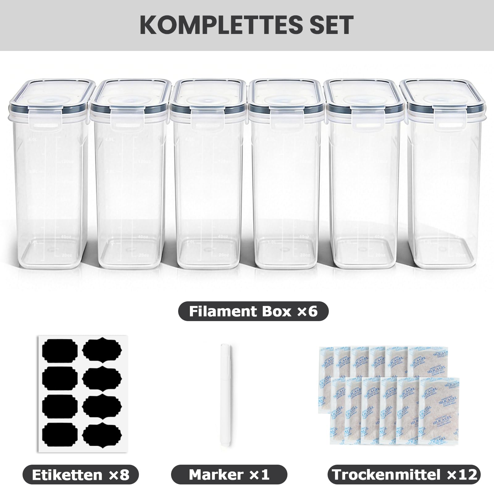 Filament Aufbewahrungsbox, 6 Stück Filament Box für 3D-Druck-Filament Versiegelung und Schutz, Wasser- und Staubdichte Filamentaufbewahrung mit Trockenmittel & Etiketten 4,0L