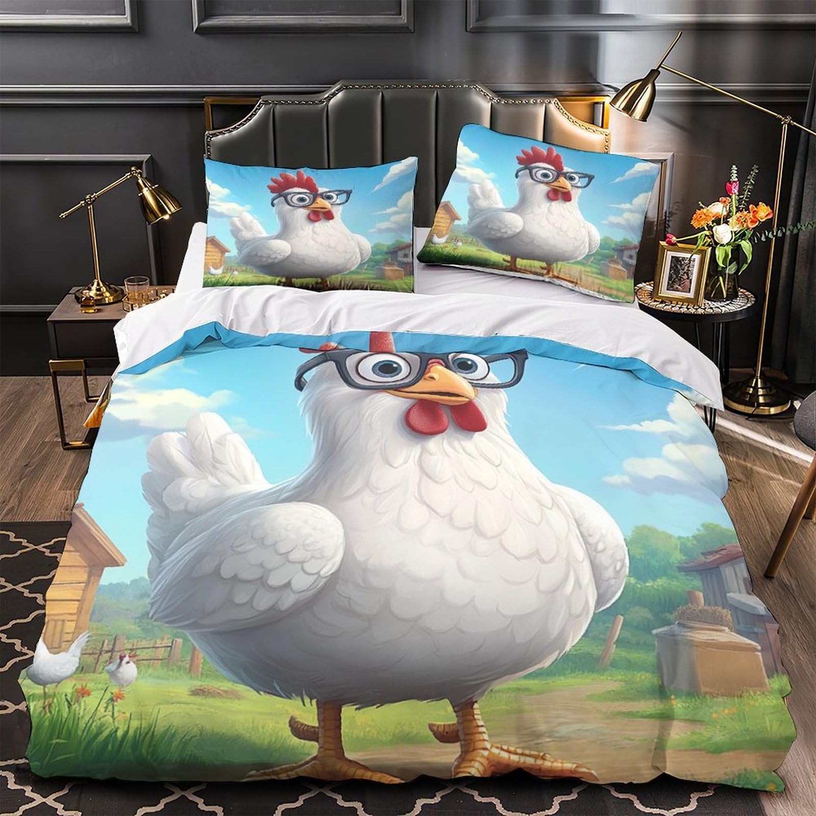 Housse de couette poulet rigolo 3D microfibre King 220x240cm