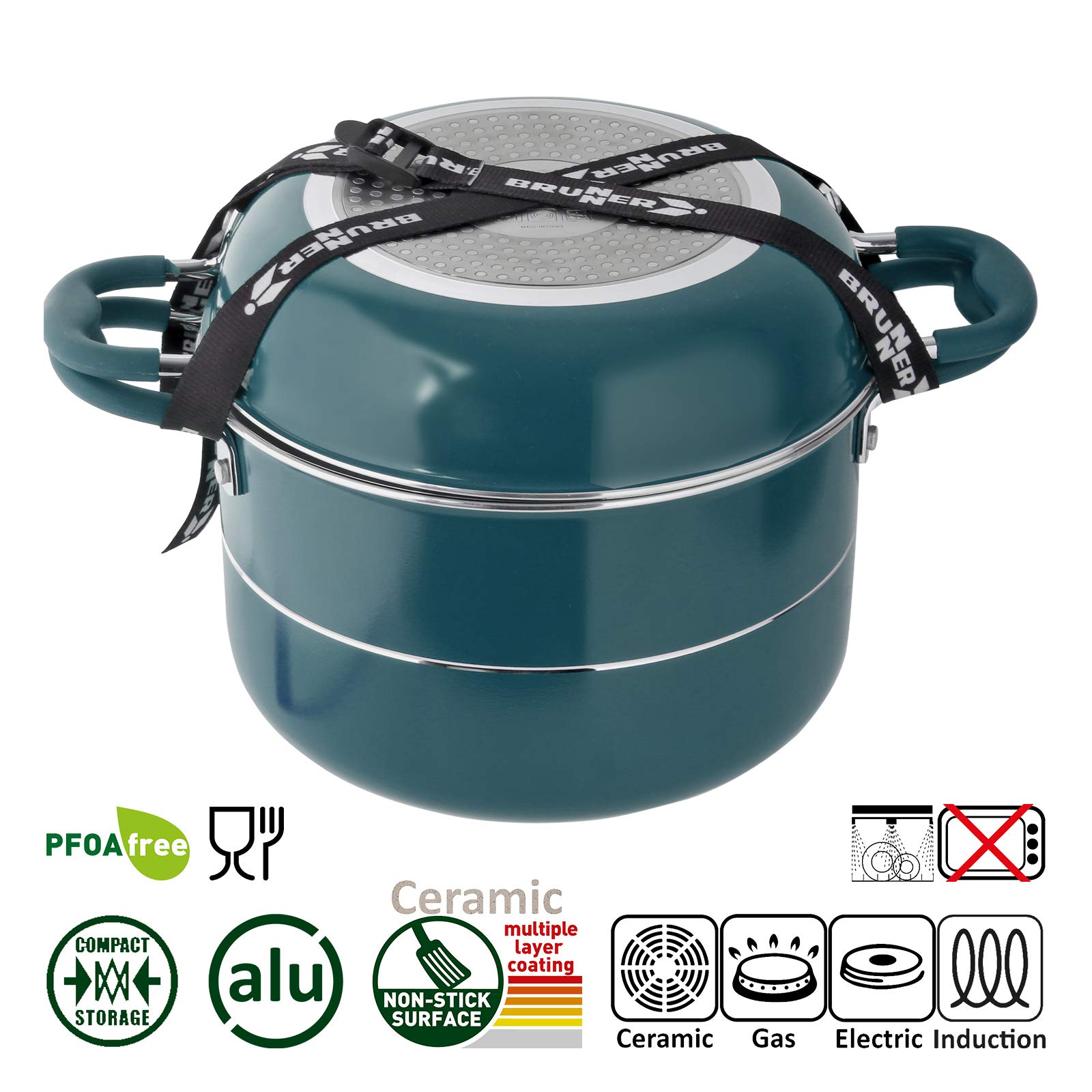 BRUNNER Set di pentole da campeggio in ceramica (pentole e padelle) – Ø 22 cm Carezza con cinghia – da 2 a 4 persone – rivestite, leggere e impilabili