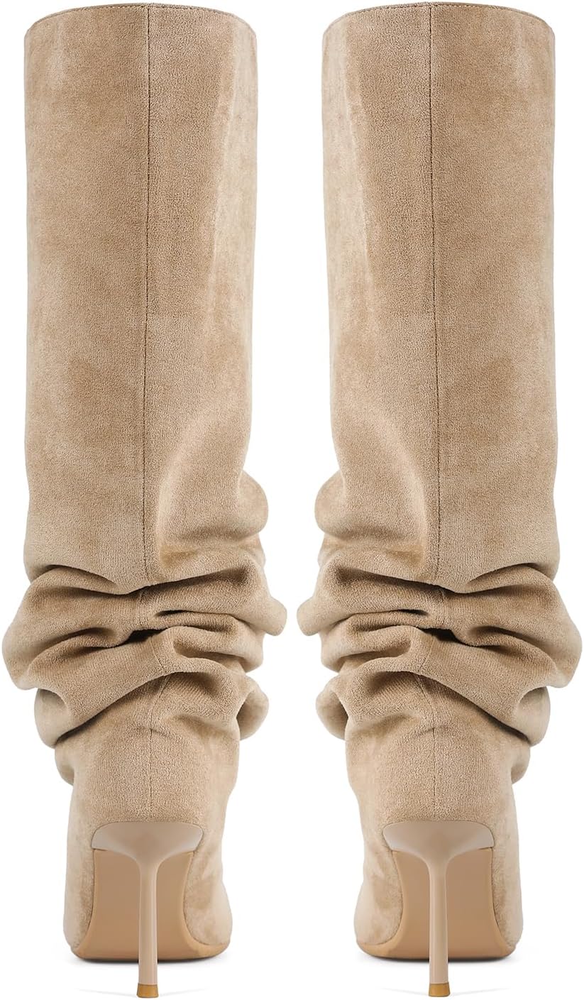 Saint Leia Women's Knee High Boots Square Toe Stiletto Heel Pull on Fashion Elegant Suede Slouchy Boots