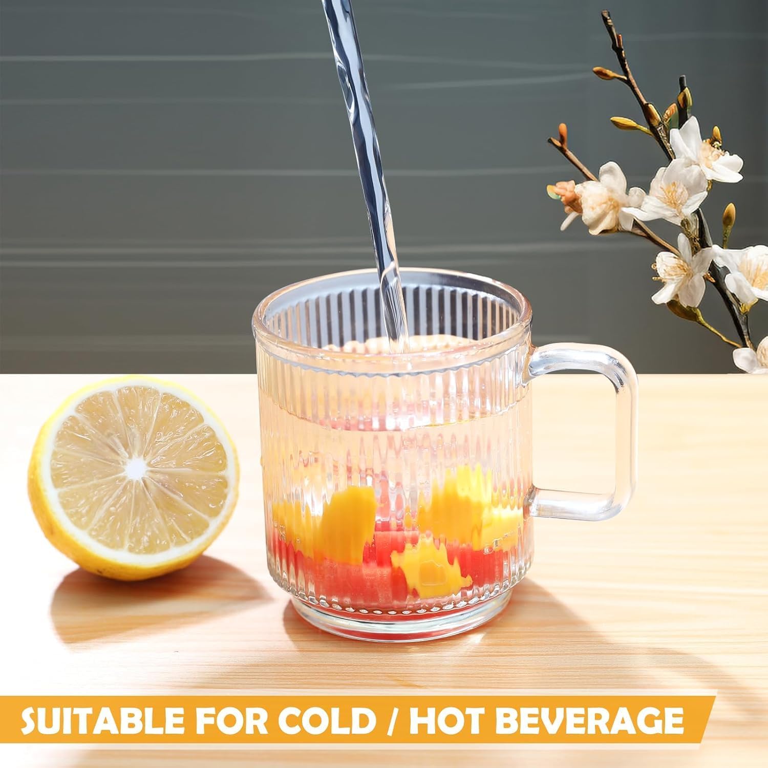 12 PACK Premium Glass Coffee Mugs with Handle, 12 OZ Classic Vertical Stripes Glass Coffee Cups, Transparent Tea Cup for Hot/Cold Beverages, Glassware Set for Americano, Latte, Cappuccino - Image 6