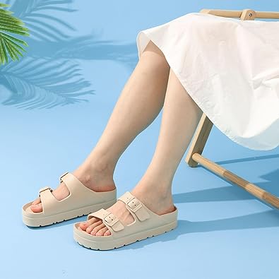 Goosecret Women's Comfortable Arch Support Walking Platform Sandals | Lightweight Chunky Slip-On Foam Slides with Adjustable Buckle, Sandals for Beach and Daily Wear