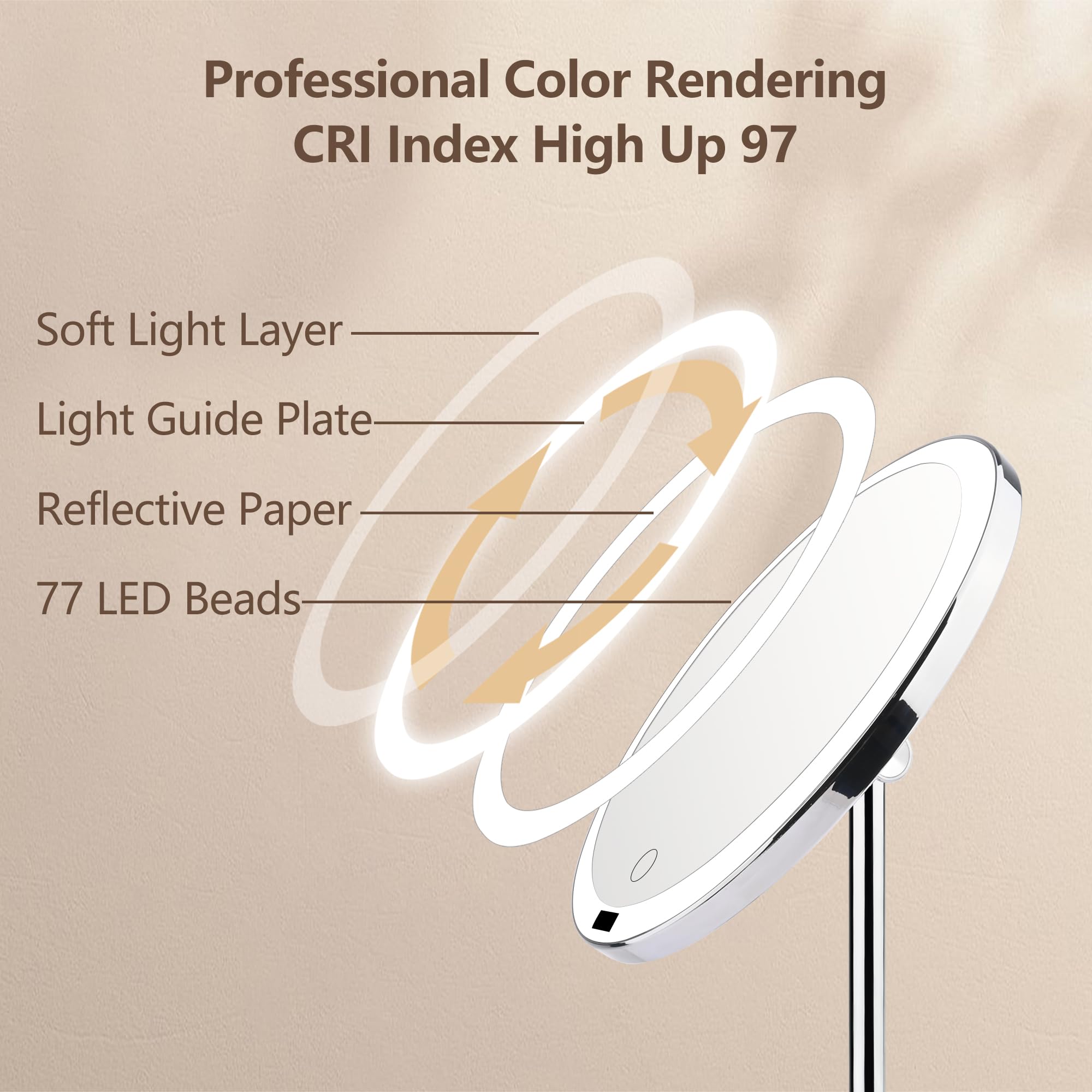 Espejo de tocador grande de 9 pulgadas con luces, espejo de maquillaje iluminado con espejo de aumento desmontable de 10X, 77 luces LED, espejo de maquillaje con sensor recargable de 4000 mAh