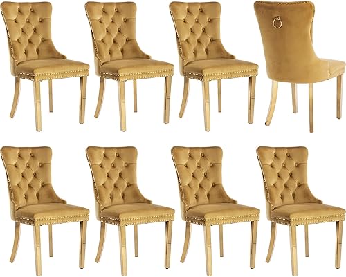 Miniatura 37 de Juego de 8 sillas de comedor tapizadas de lujo, sillas de cocina beige con patas de metal dorado, silla de comedor con respaldo capitoné de