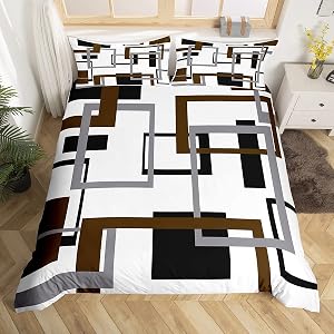 Erosebridal Geometric Duvet Cover for Adult,Vintage Black and Grey Brown Bedding Set Queen,Modern Farmhouse Comforter Cover Home Room Decor,Grid Pattern Bed Sets with 2 Pillow Shams All Season