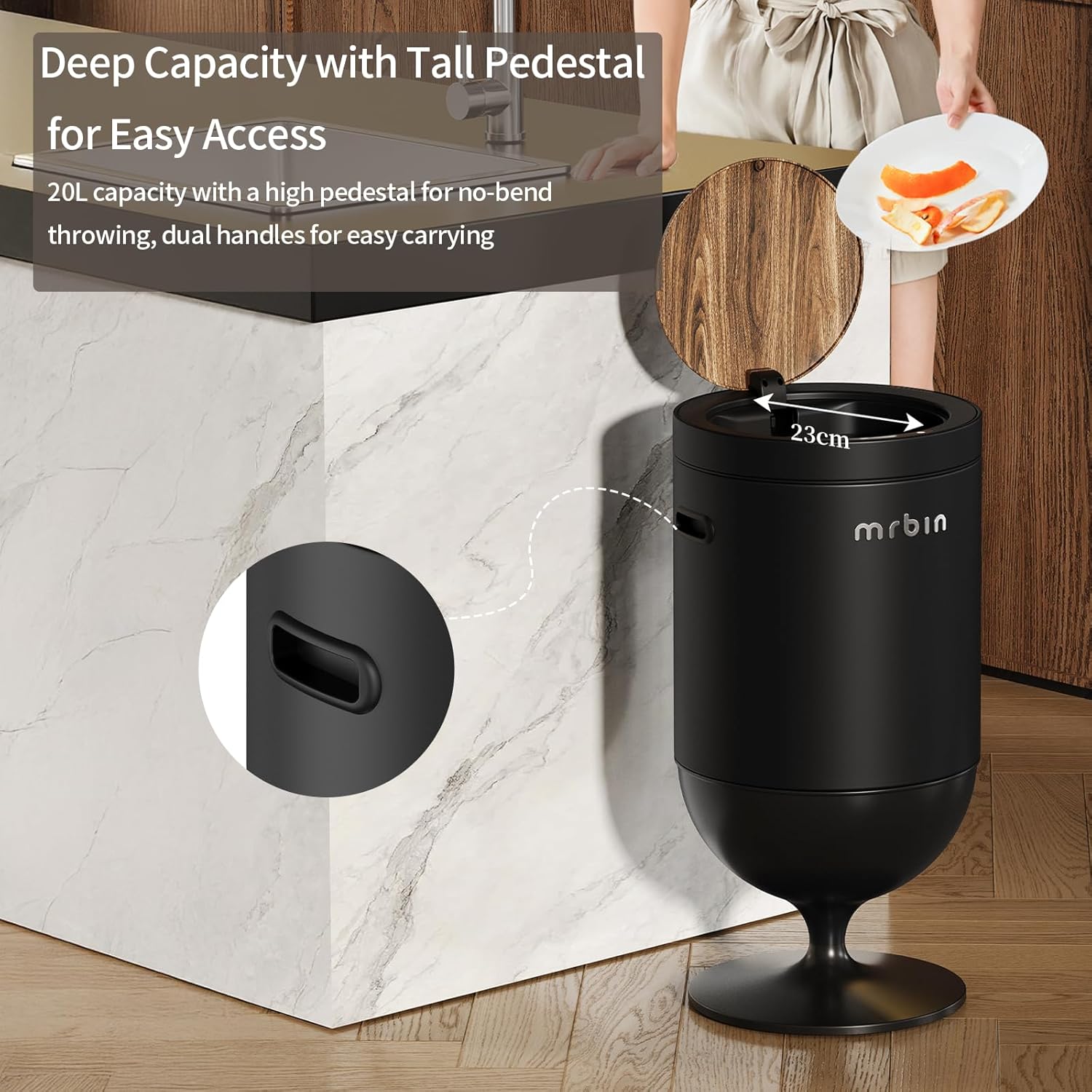 MRBIN Metal Motion Sensor Trash Can with Lid, 5.3 Gallon Wine Glass Shaped Automatic Waste Basket Touchless, Smart Round Tall Garbage with High Leg for Office, Bedroom, Kitchen, Black
