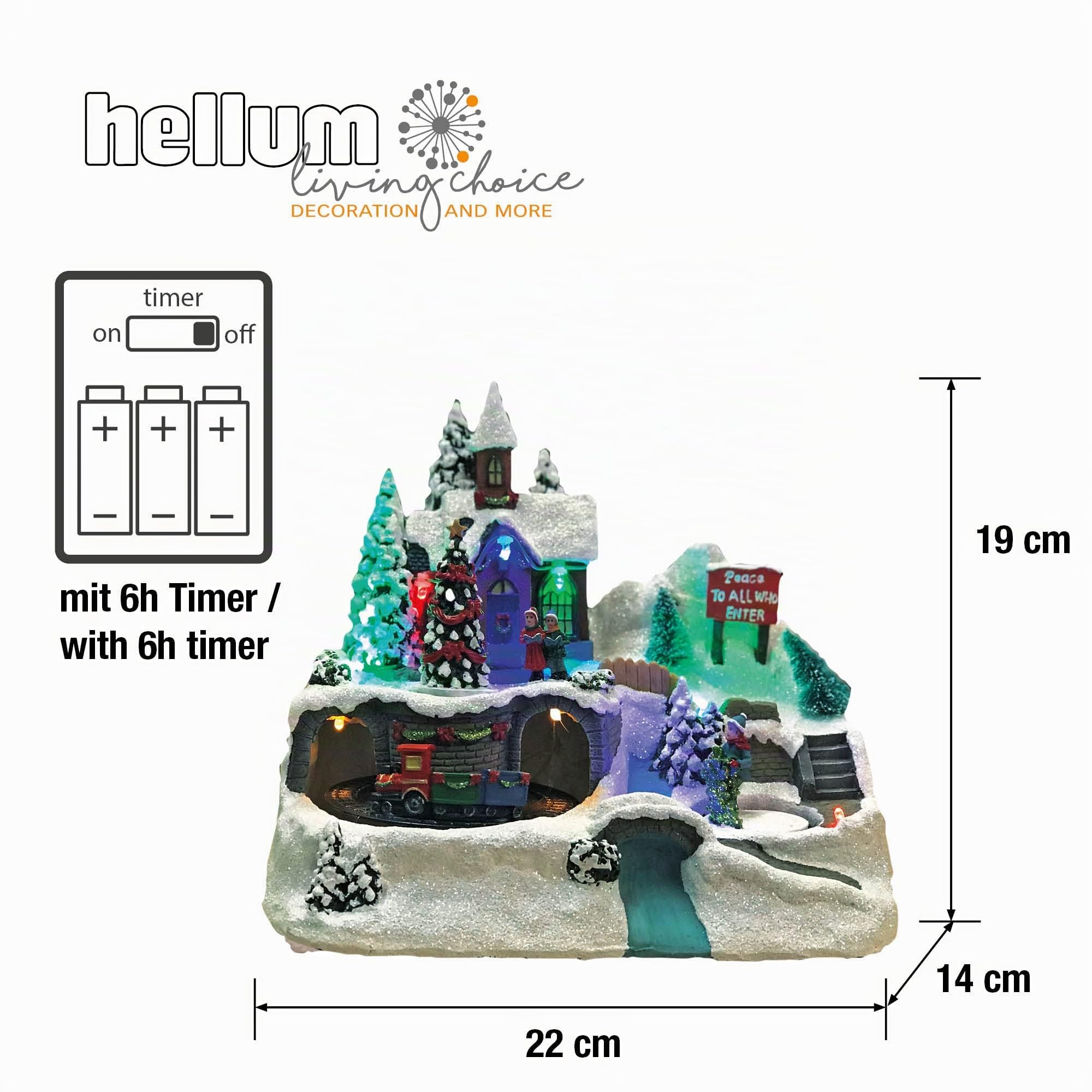 Hellum LED Weihnachtsdorf mit fahrendem Zug, Bergdorfszene im Fiberoptikstil, Weihnachtsdeko innen batteriebetrieben mit bunte Beleuchtung 3xAA 22x14x19cm 524390