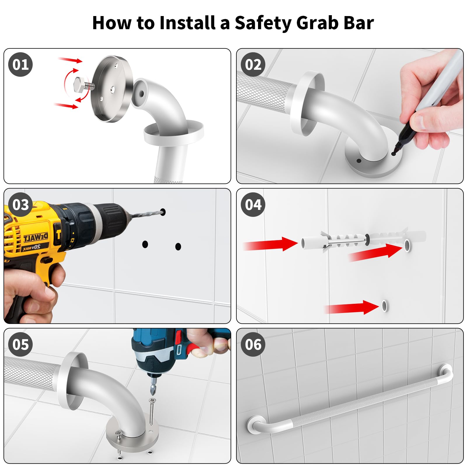 Barra de agarre blanca para ducha de 91,4 cm - 3,18 cm de diámetro, barra de agarre de baño iHansee con agarre estriado antideslizante, barras de seguridad de baño de acero inoxidable para personas