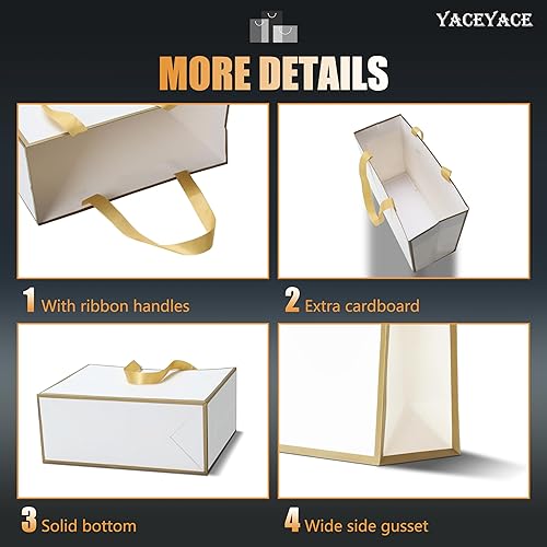 Miniatura 4 de YACEYACE Bolsas de regalo blancas medianas, 10 bolsas de regalo blancas de 8 x 4.25 x 10.5 pulgadas con marco de slime dorado, bolsas de regalo de