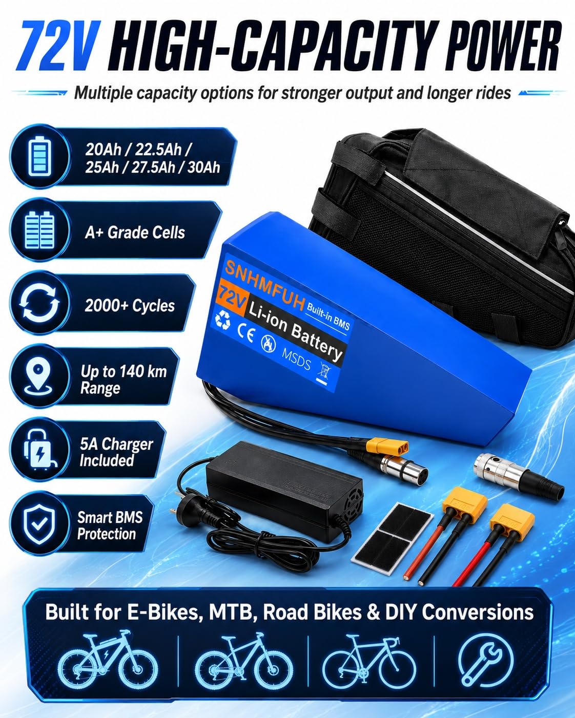 Batteria al Litio Triangolare 72V per E-Bike, 20Ah/25Ah/30Ah con Caricatore 5A e Borsa Telaio, per MTB, Bici da Strada e Conversione DIY