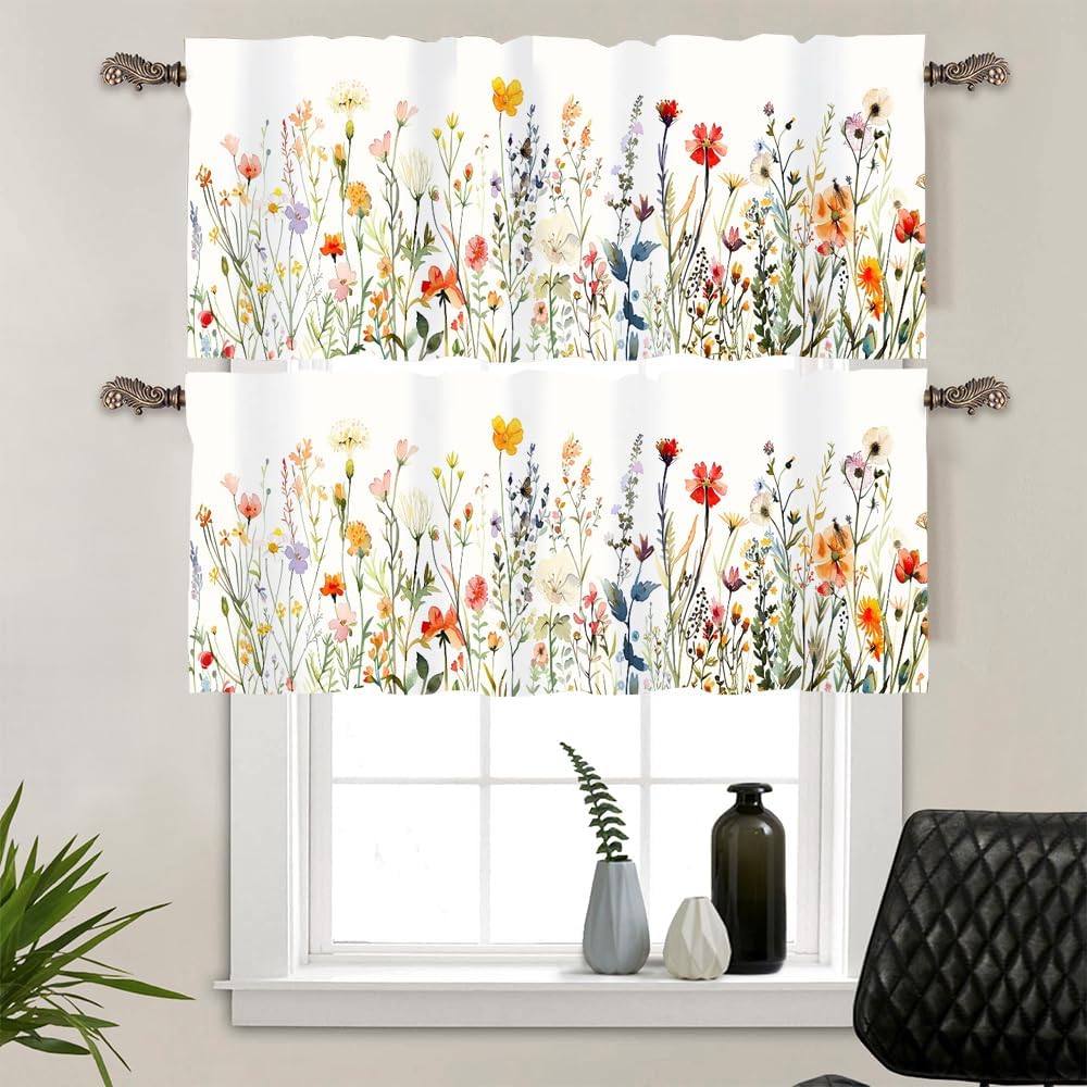 Watercolor Floral Valances for Kitchen Windows, Rustic Color Plants Spring Blossom Boho Curtains Decorative Rod Pocket Short Valance Curtains for Bathroom, Bedroom, 2 Panel 54x18in