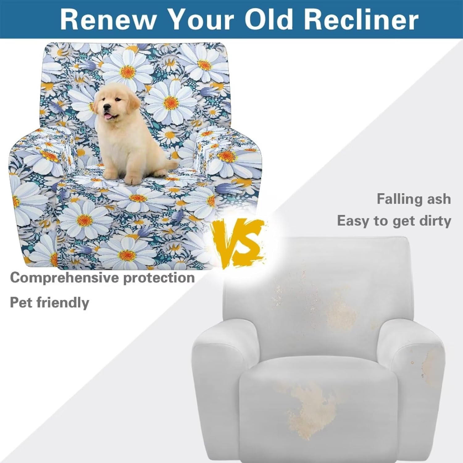 FOR U DESIGNS Daisy Flowers Elastic Recliner Slipcover Chair Cover for Living Room Protective Covers for Reclining Chairs with Elastic Loops Washable Anti-Slip Universal Fit