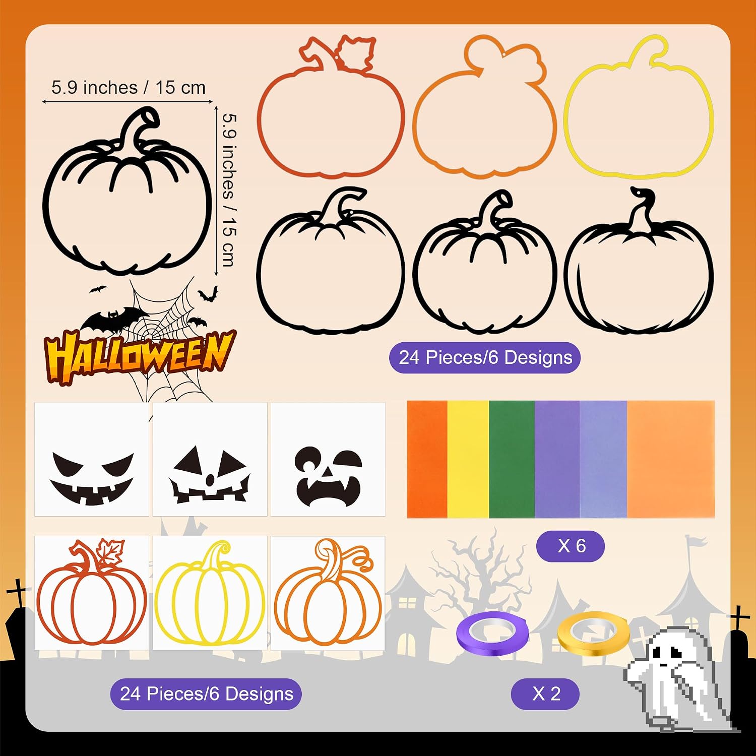Aneco 24 Sets DIY Fall Pumpkin Suncatchers Craft Kit, Halloween Tissue Paper Sign Art Crafts Hanging Decor Window Stained Glass Effect for Halloween Party Supplies Holiday Home Activities Party Favors image 2