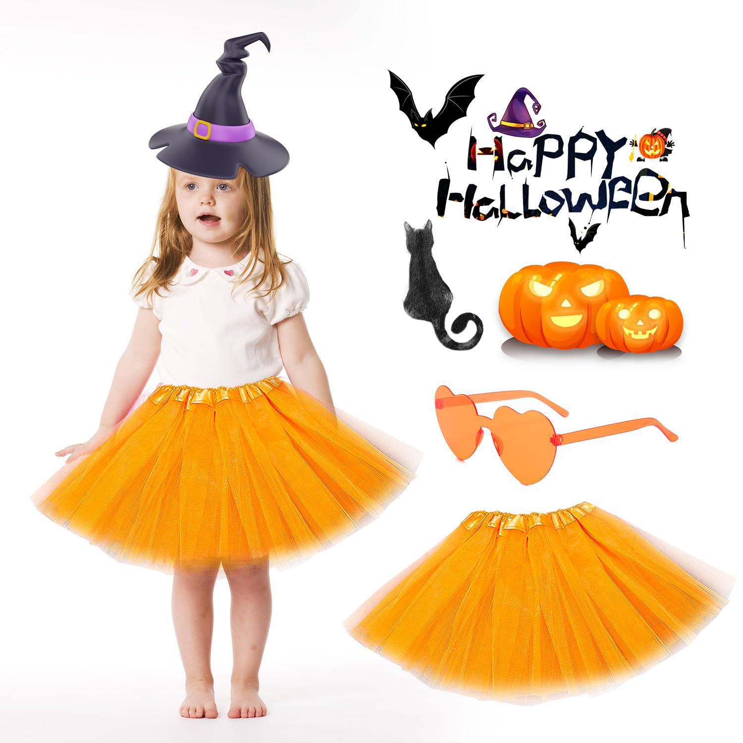 XNHIU 4pcs Halloween Kids Tutu Skirts and Glasses Black Orange Love Glasses Love Heart Shaped Party Sunglasses Halloween Party Favors for Kids - Image 3