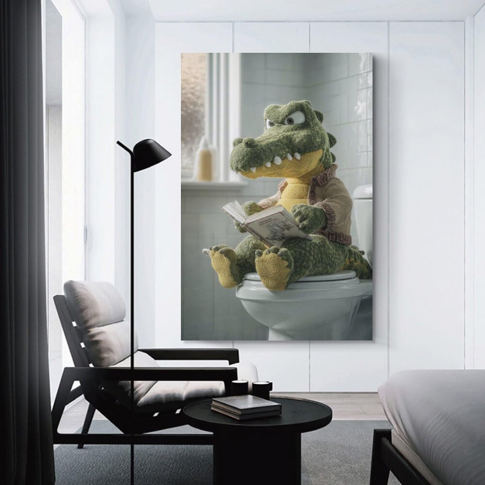Junmoney Crocodile Reading on Toilet Decorative Canvas Print 12x18inch(30x45cm), for Study, Office Or Focused Interiors, Wall Art That Adds Style to Work Areas