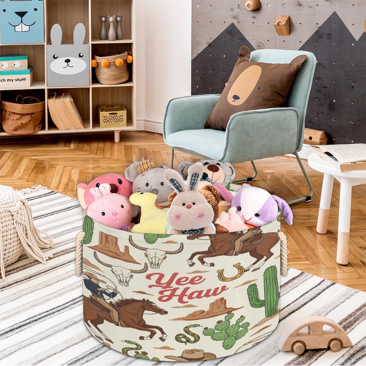 Large Storage Baskets - Western Cowboy Nursery Organizer Bin Box with Handles Round Collapsible Laundry Hamper for Toys, Blanket, Bedroom Living Room Home Decor, Gift Basket