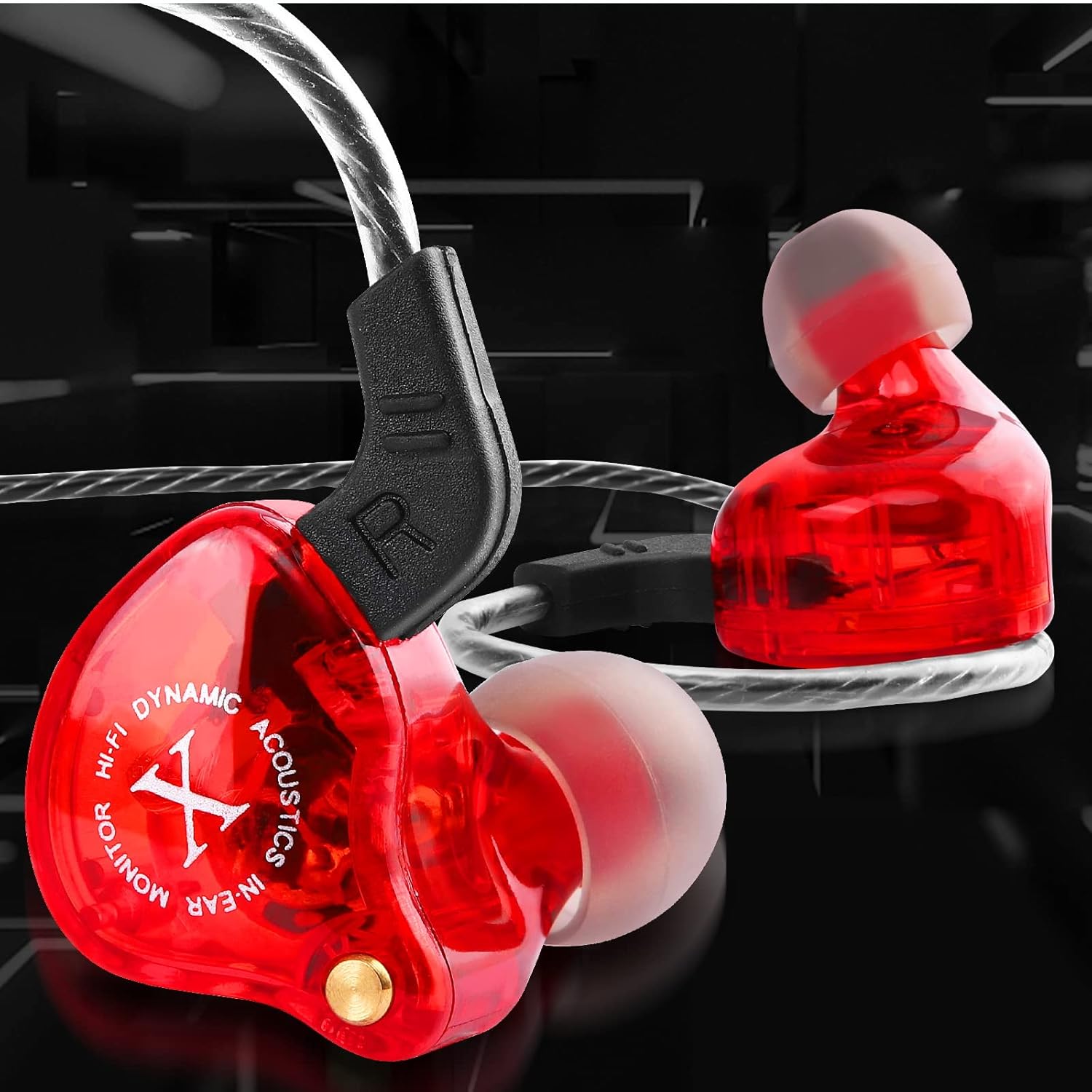 Close-up of an UrbanX iX2 Pro earbud with 'HI-FI DYNAMIC ACOUSTICS IN-EAR MONITOR X' text.