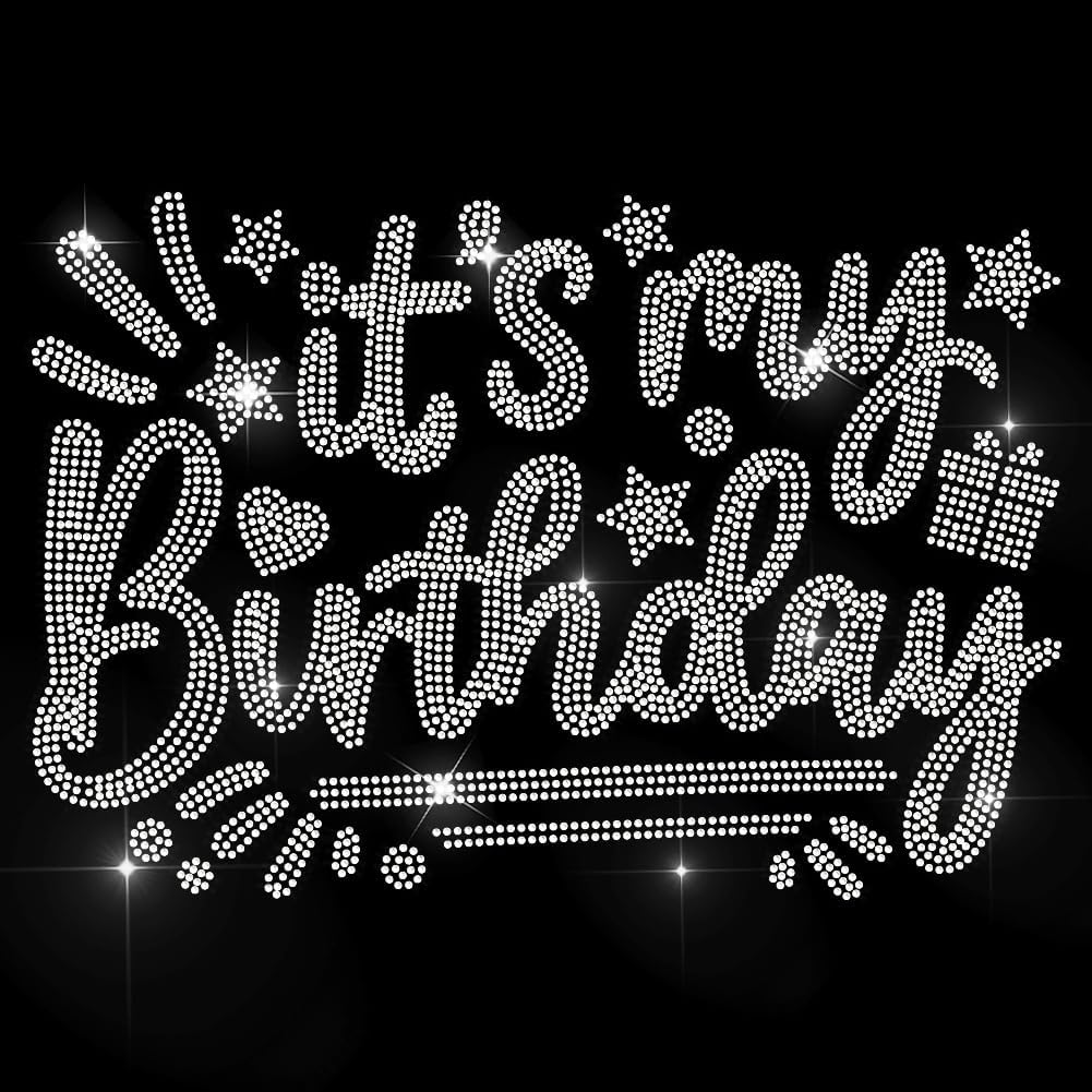 MAYJOYDIY Birthday Theme Rhinestone Iron-On Applique Transfer It's My Birthday Star Love Giftbox Bling DIY Patch Clothing Repair Hot Fix Applique for T-Shirt Jacket Bag Jeans Craft