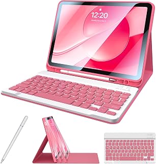 Kiloob for iPad 11th 10th Generation Case with Keyboard with Pencil Holder and Magnetic Disc Universal Stylus Pen 10.9 inch Wireless Detachable Folio Keyboard Cover for New iPad 10th Gen 2022 Hot Pink