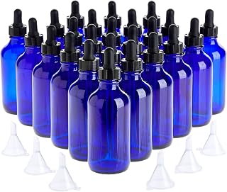 Juvale 30-Piece Glass Dropper Bottle Set for Oil Bottle Storage - Mess-Free Filling with Funnel Set - Protective Blue Glass Vials - 4 oz (120 mL), Pack of 24, 6 Funnels