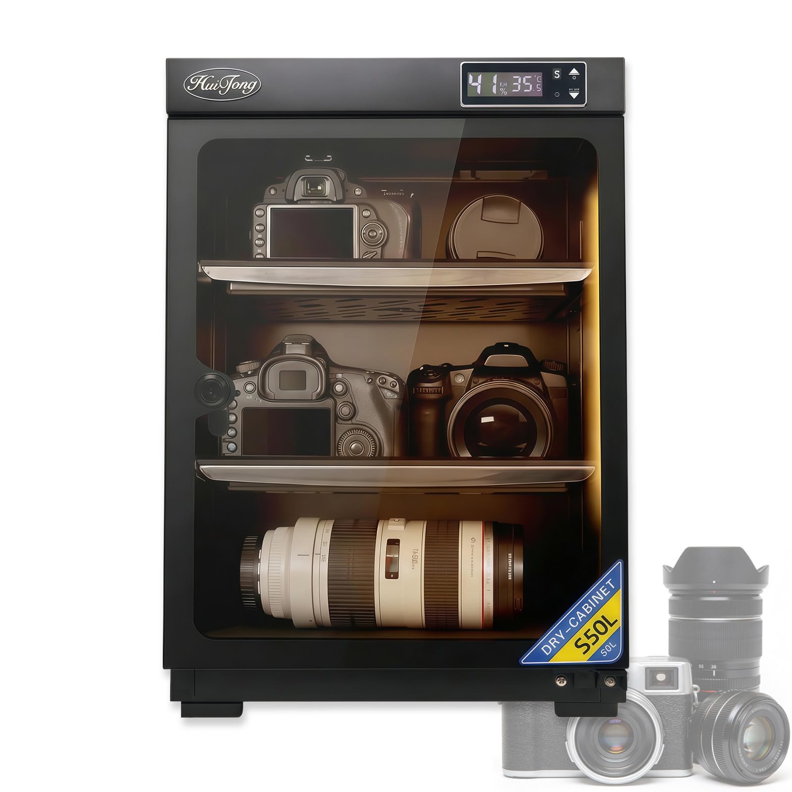 BANGBANGJI Elektronischer Kamera-Trockenschrank, Verstellbare Böden, LED-Temperatur-/Feuchtigkeitsanzeige, mit LED-Beleuchtung für DSLR-/Systemkamera-Objektive und Elektronikgeräte 50L