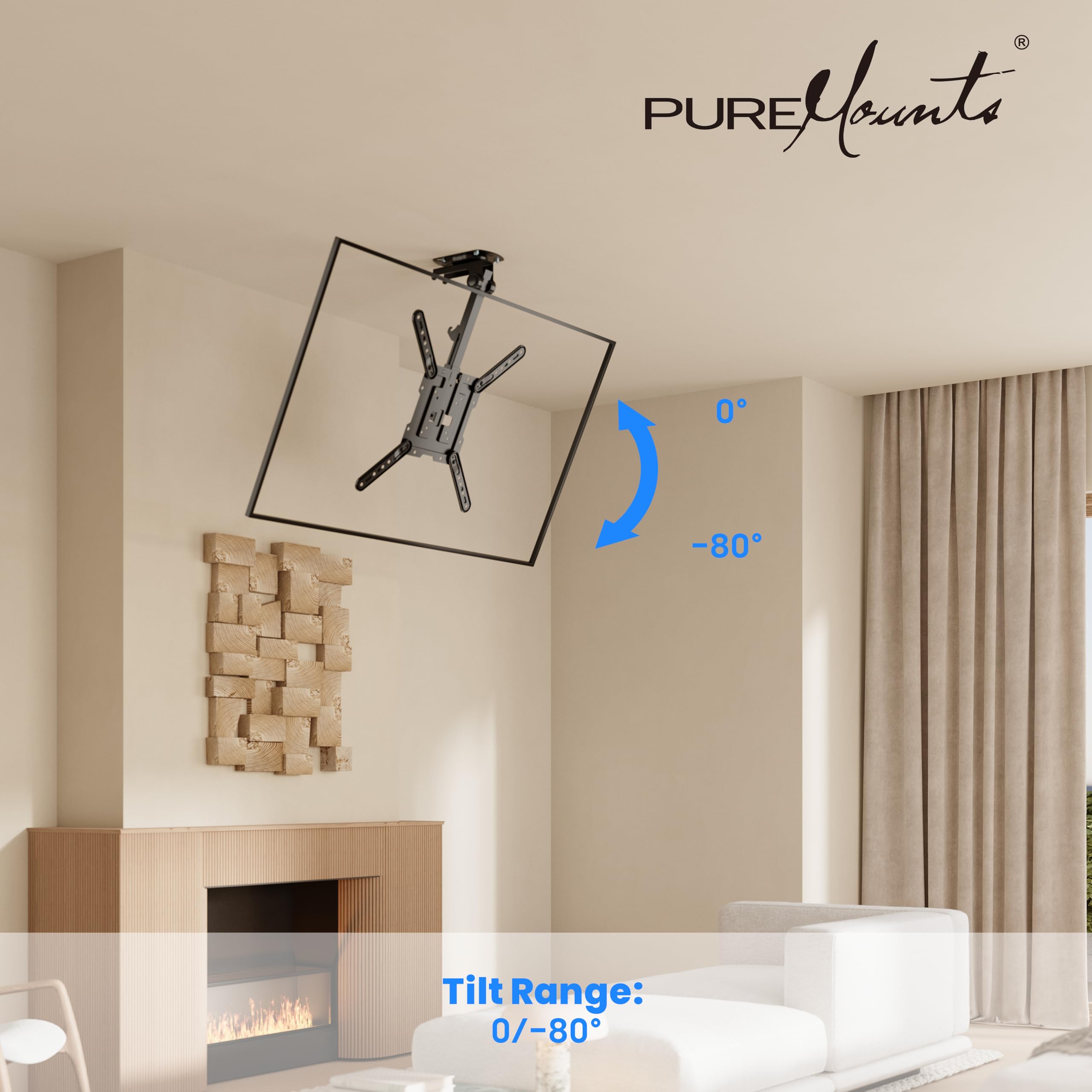 PureMounts TV Deckenhalterung für Fernseher, geeignet für 23-55 Zoll, klappbar, höhenverstellbar, schwenkbar, neigbar, bis VESA 400x400, schwarz