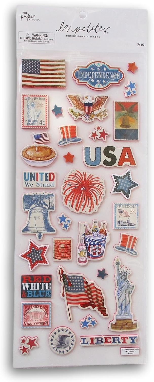 Vintage 4th of July Patriotic 3D Stickers for Journaling, Scrapbooking, Cardmaking, Arts & Crafts - 32 Pieces