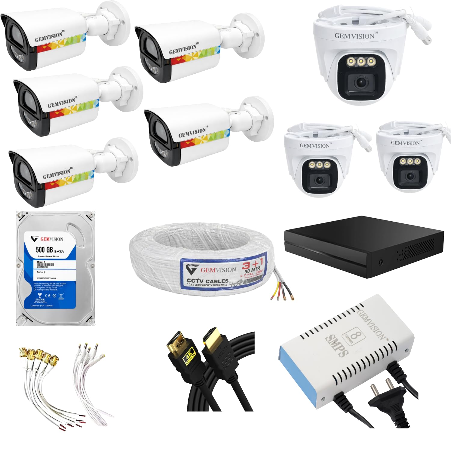 GEM VISION 3MP Full Color CCTV Camera Set with Audio | 8 Security Cameras (3 Dome + 5 Outdoor Bullet) | 4 Channel DVR | 500GB Hard Disk | 90 Meter CCTV Cable | 4CH SMPS | Color Night Vision | CCTV Set-image-7