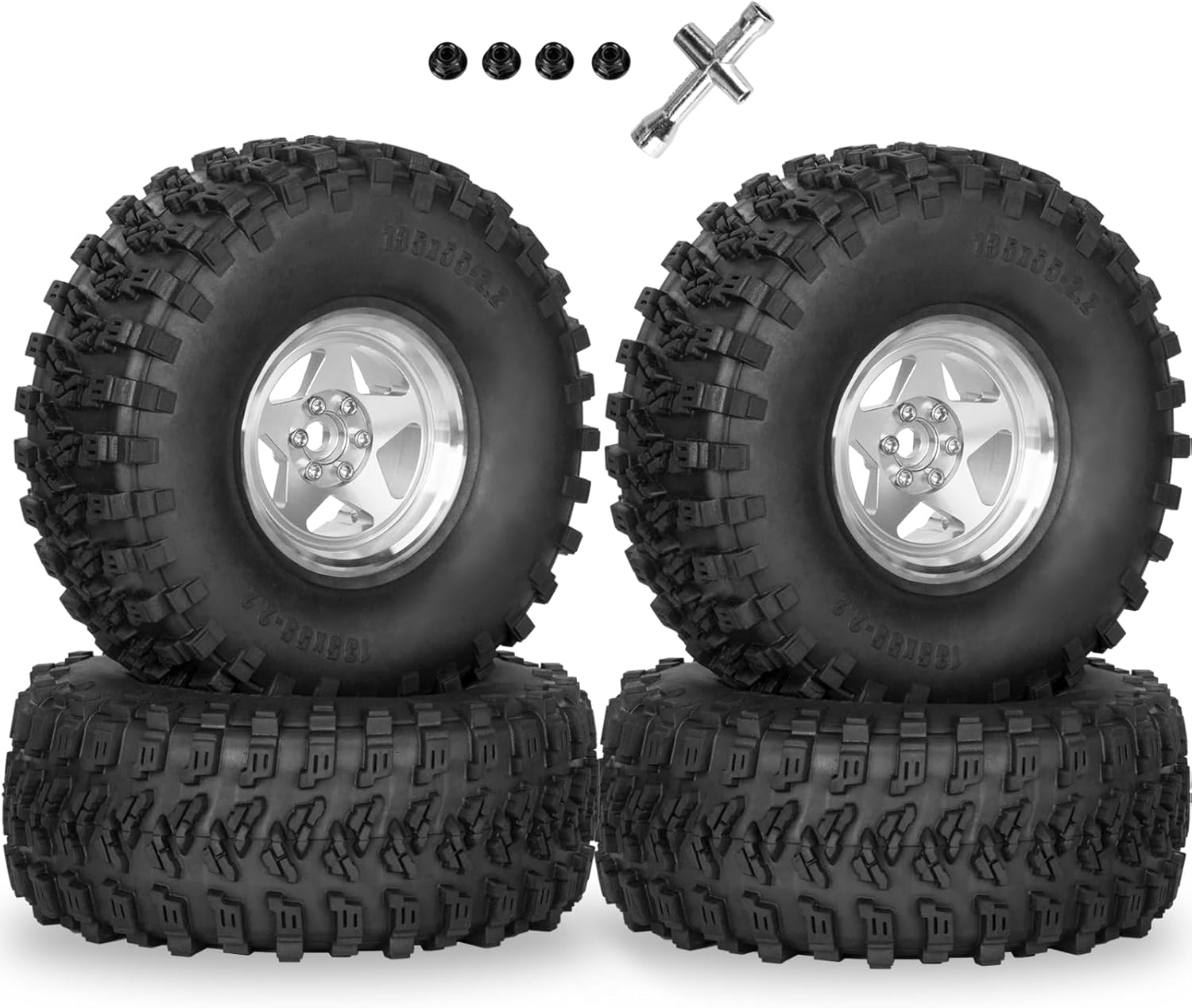 RC 2.2" Beadlock Wheels and Tires for 1/8 1/10 RC Crawler SCX10 III 90046 TRX4 D90,2.2in Beadlock RC Rims 2.2in RC Beadlock Tires,4pcs,Silver