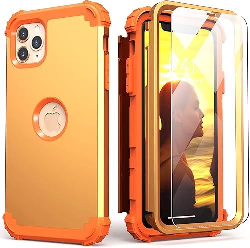 Vista 11 de IDweel Funda para iPhone 11 Pro Max con protector de pantalla de vidrio templado, híbrido 3 en 1, a prueba de golpes, ajuste delgado, protección Oro