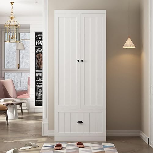 AIEGLE Armario de 2 puertas, armario organizador de almacenamiento para dormitorio con estante de 4 niveles y cajón, armario independiente, color