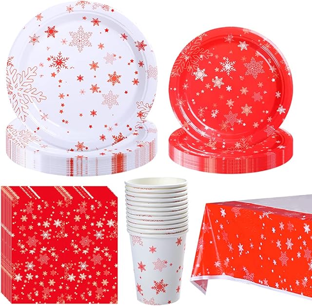 Amycute 97Pcs Christmas Party Tableware Set 24 Guests, Christmas Paper Plates Cups Napkins Tablecloth for Christmas Party Supplies Table Decoration(Style 4)
