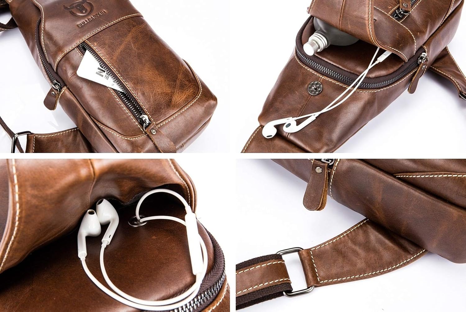 BULLCAPTAIN Genuine Leather Men Bags Shoulder Sling Crossbody Bag Casual Mens Chest Bag Travel Hiking Backpack(Brown) - Image 6