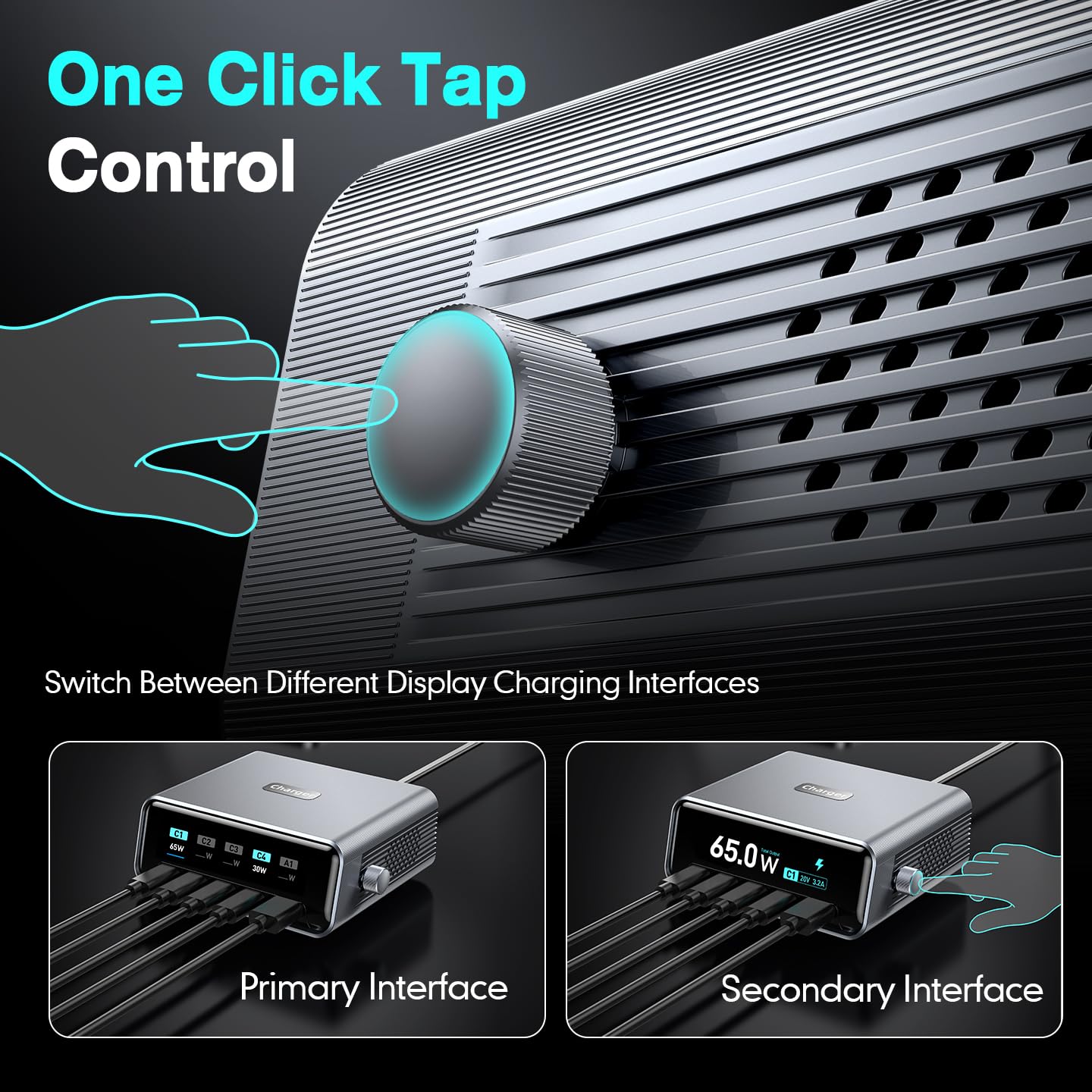 Stazione di ricarica desktop intelligente, stazione di ricarica USB C GaN3 da 100W, ultraveloce a 5 porte, USB C con PD3.0 da 100W, QC3.0, display LCD da 2,25" e quadrante di controllo intelligente