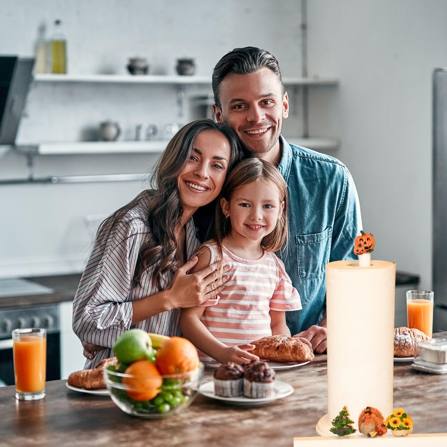 Christmas Paper Towel Holder - White Wooden Paper Towel Stand for Countertop with 4 Holiday Seasonal Tops - Halloween Jack-O-Lantern, Turkey, Christmas Tree Bonus Summer Top - Holiday Kitchen Decor