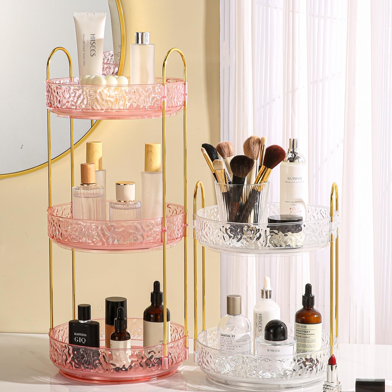 Fangoo 3 Capas Organizador de Maquillaje Giratorio 360 Grados Gran Capacidad Cosmética para Dormitorios Organizador Perfumes y Cremas Pintalabios Brochas Baño Tocador (Rosa)